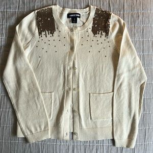 Lands’ End Girls Pretty Holiday Sweater - Ivory w/ gold sequins, Size S, 7/8